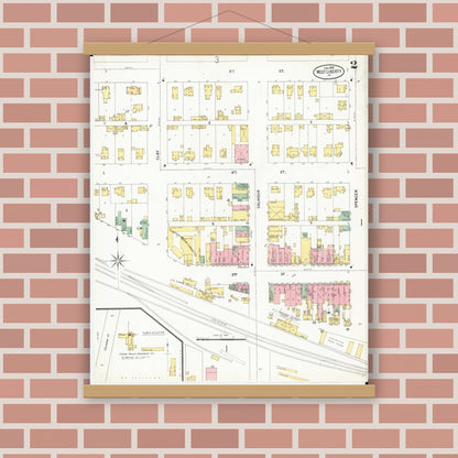 Old map wall art mockup — magnetic wood frame on brick wall — Sanborn Fire Insurance Map from West Liberty, Muscatine County, Iowa (1899), Sheet #0002