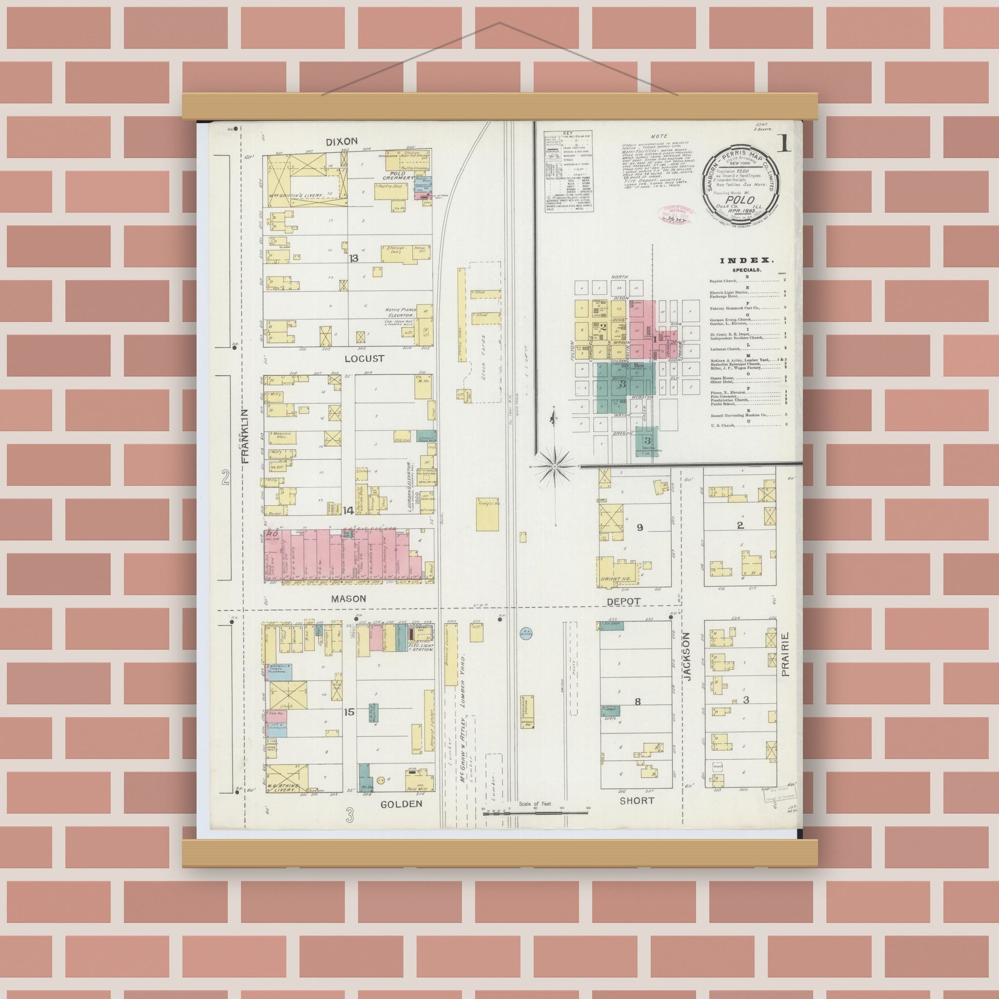 Old map wall art mockup — magnetic wood frame on brick wall — Sanborn Fire Insurance Map from Polo, Ogle County, Illinois (1893) - Complete Map Set