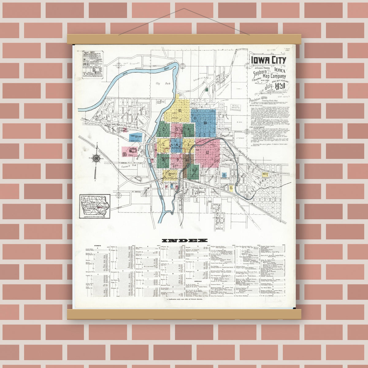 Old map wall art mockup — magnetic wood frame on brick wall — Sanborn Fire Insurance Map from Iowa City, Johnson County, Iowa (1920) â€” Complete Set