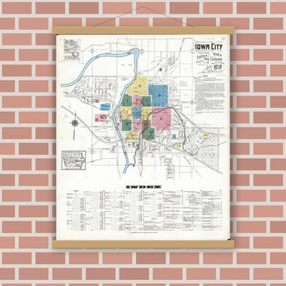 Old map wall art mockup — magnetic wood frame on brick wall — Sanborn Fire Insurance Map from Iowa City, Johnson County, Iowa (1920) â€” Complete Set
