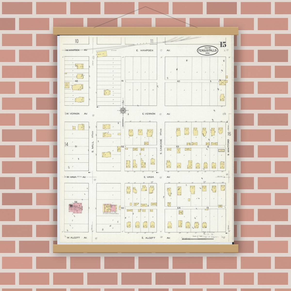 Old map wall art mockup — magnetic wood frame on brick wall — Sanborn Fire Insurance Map from Fergus Falls, Otter Tail County, Minnesota (1915), Sheet #0015
