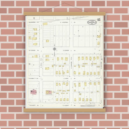 Old map wall art mockup — magnetic wood frame on brick wall — Sanborn Fire Insurance Map from Fergus Falls, Otter Tail County, Minnesota (1915), Sheet #0015