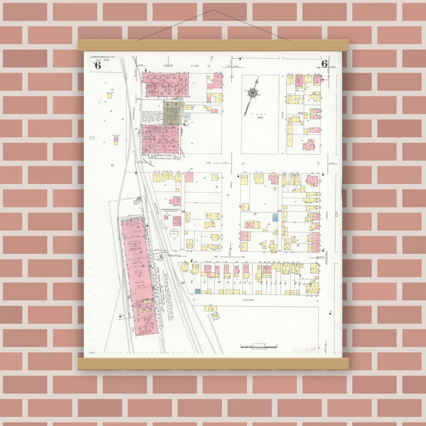 Old map wall art mockup — magnetic wood frame on brick wall — Sanborn Fire Insurance Map from Lawrenceburg, Dearborn County, Indiana (1939), Sheet #0006