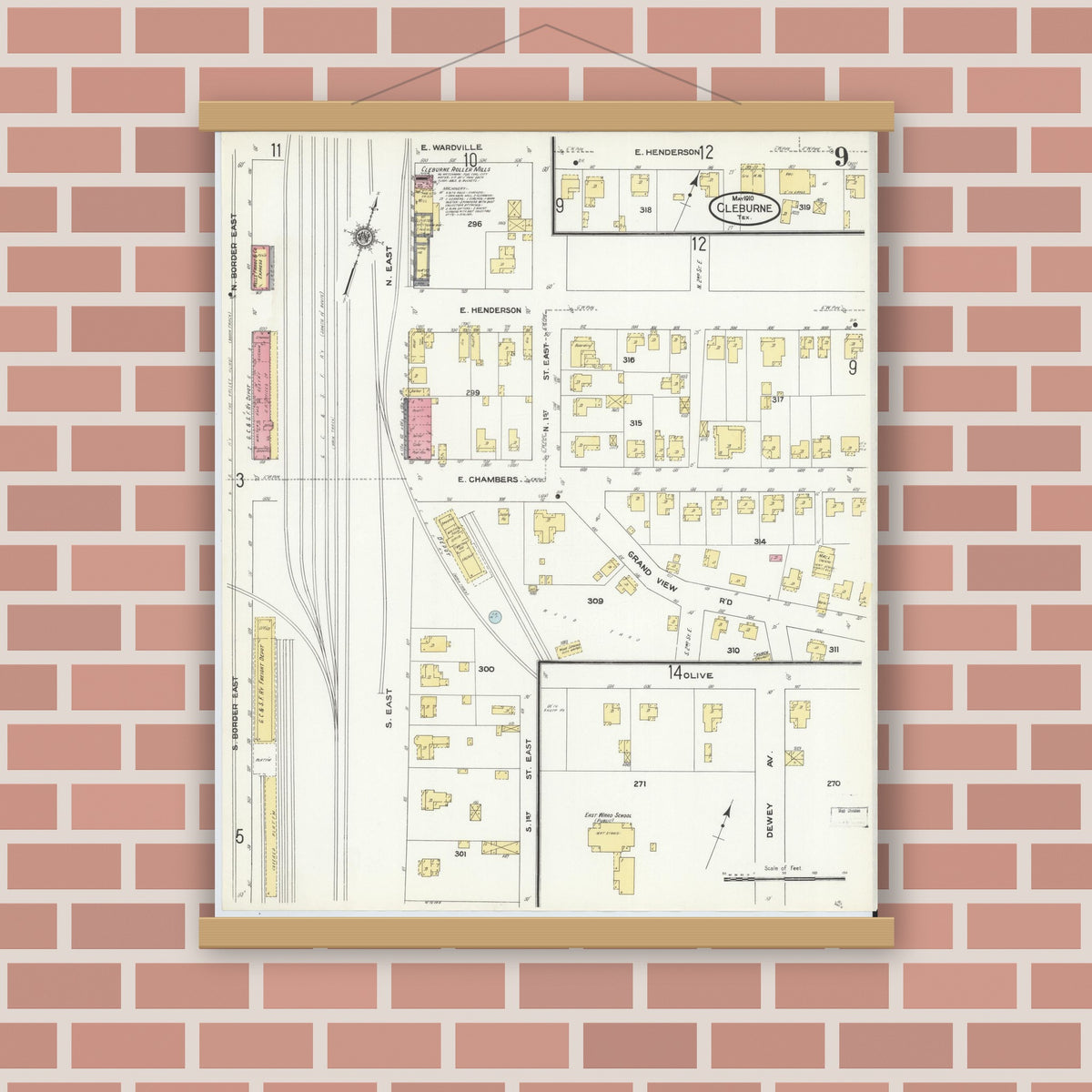 Old map wall art mockup — magnetic wood frame on brick wall — Sanborn Fire Insurance Map from Cleburne, Johnson County, Texas (1910), Sheet #0009