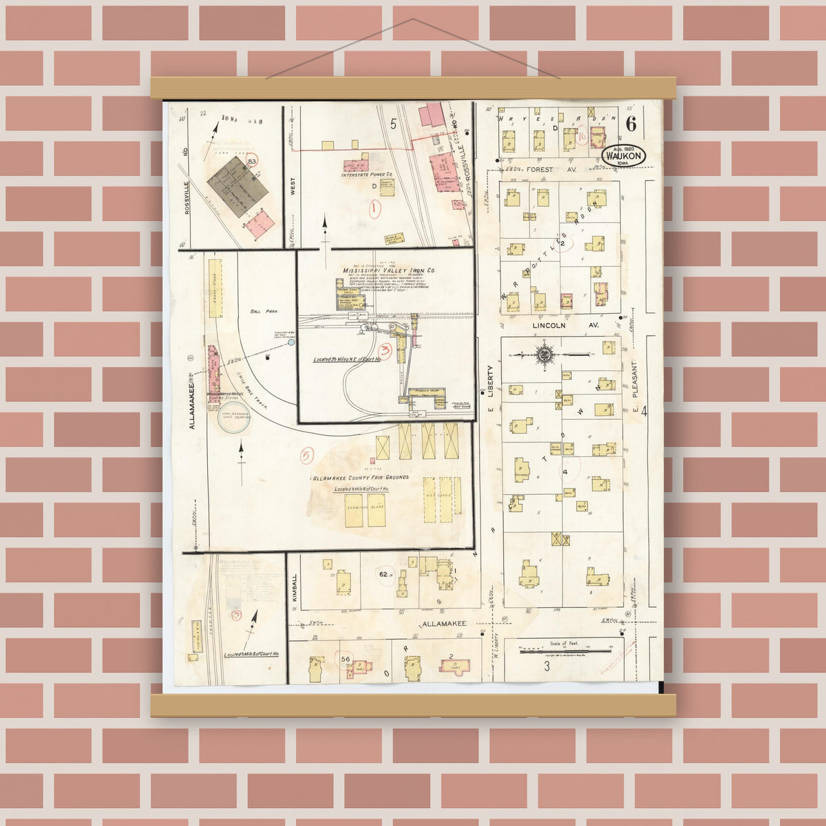 Old map wall art mockup — magnetic wood frame on brick wall — Sanborn Fire Insurance Map from Waukon, Allamakee County, Iowa (1934), Sheet #0006