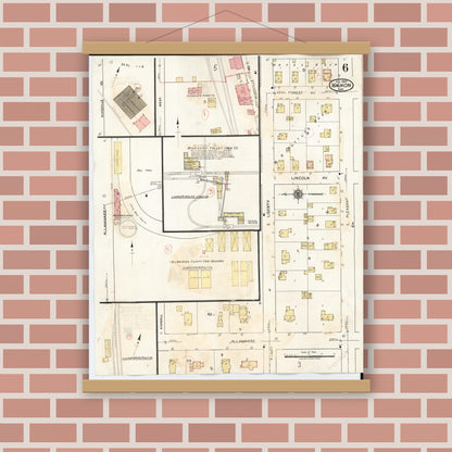 Old map wall art mockup — magnetic wood frame on brick wall — Sanborn Fire Insurance Map from Waukon, Allamakee County, Iowa (1934), Sheet #0006