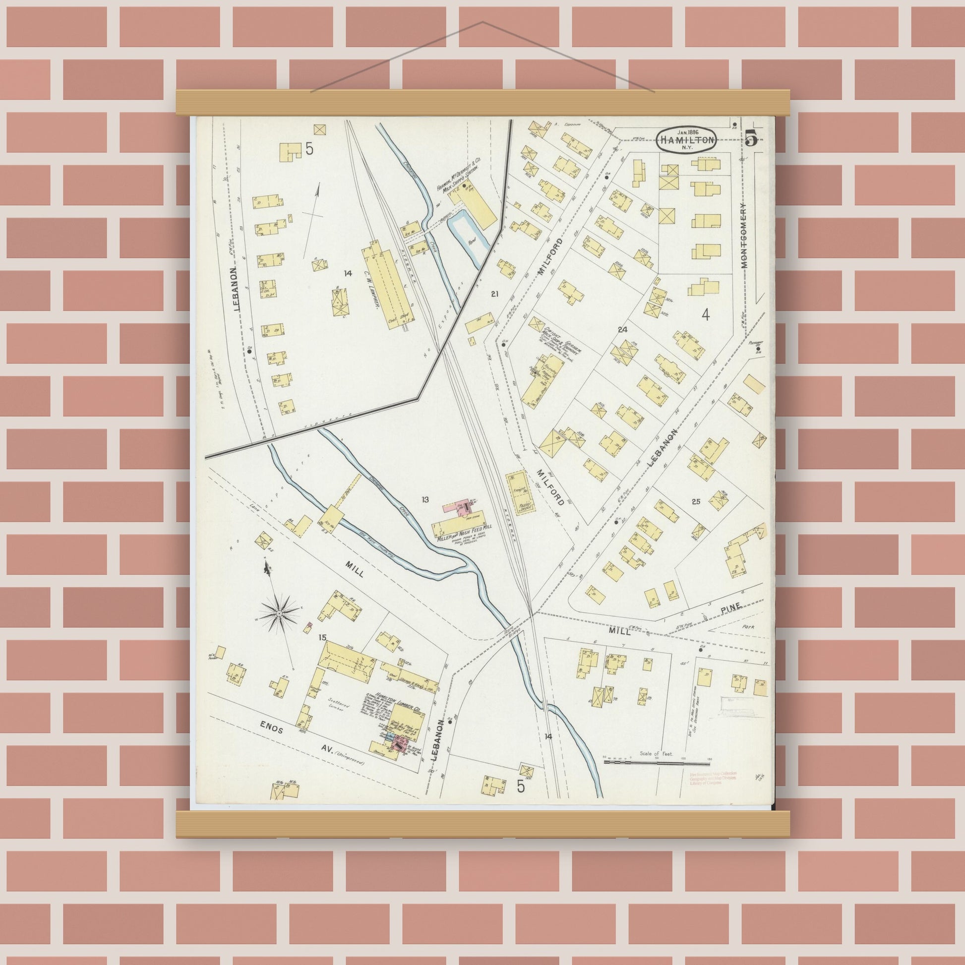 Old map wall art mockup — magnetic wood frame on brick wall — Sanborn Fire Insurance Map from Hamilton, Madison County, New York (1896), Sheet #0005