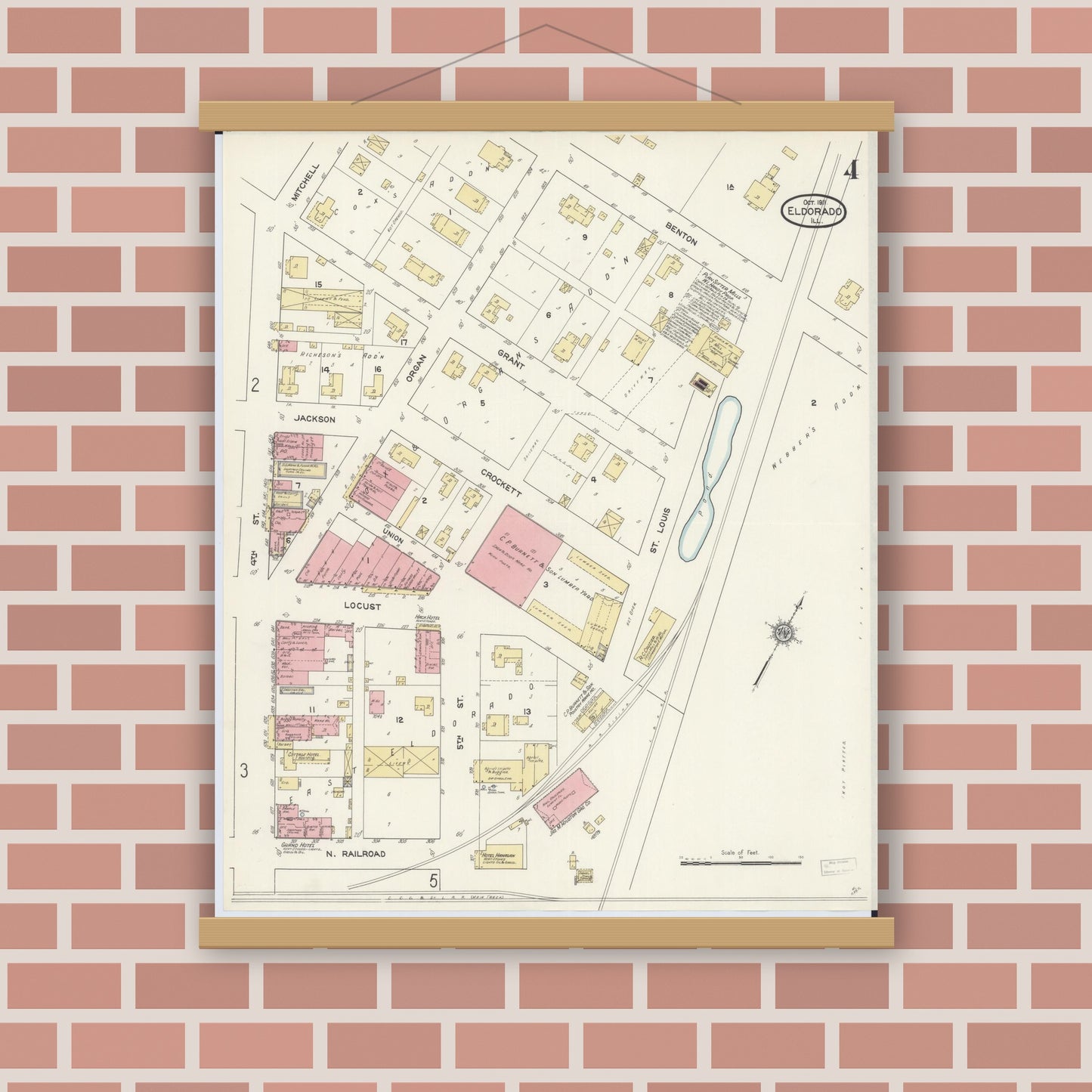 Old map wall art mockup — magnetic wood frame on brick wall — Sanborn Fire Insurance Map from Eldorado, Saline County, Illinois (1911), Sheet #0004