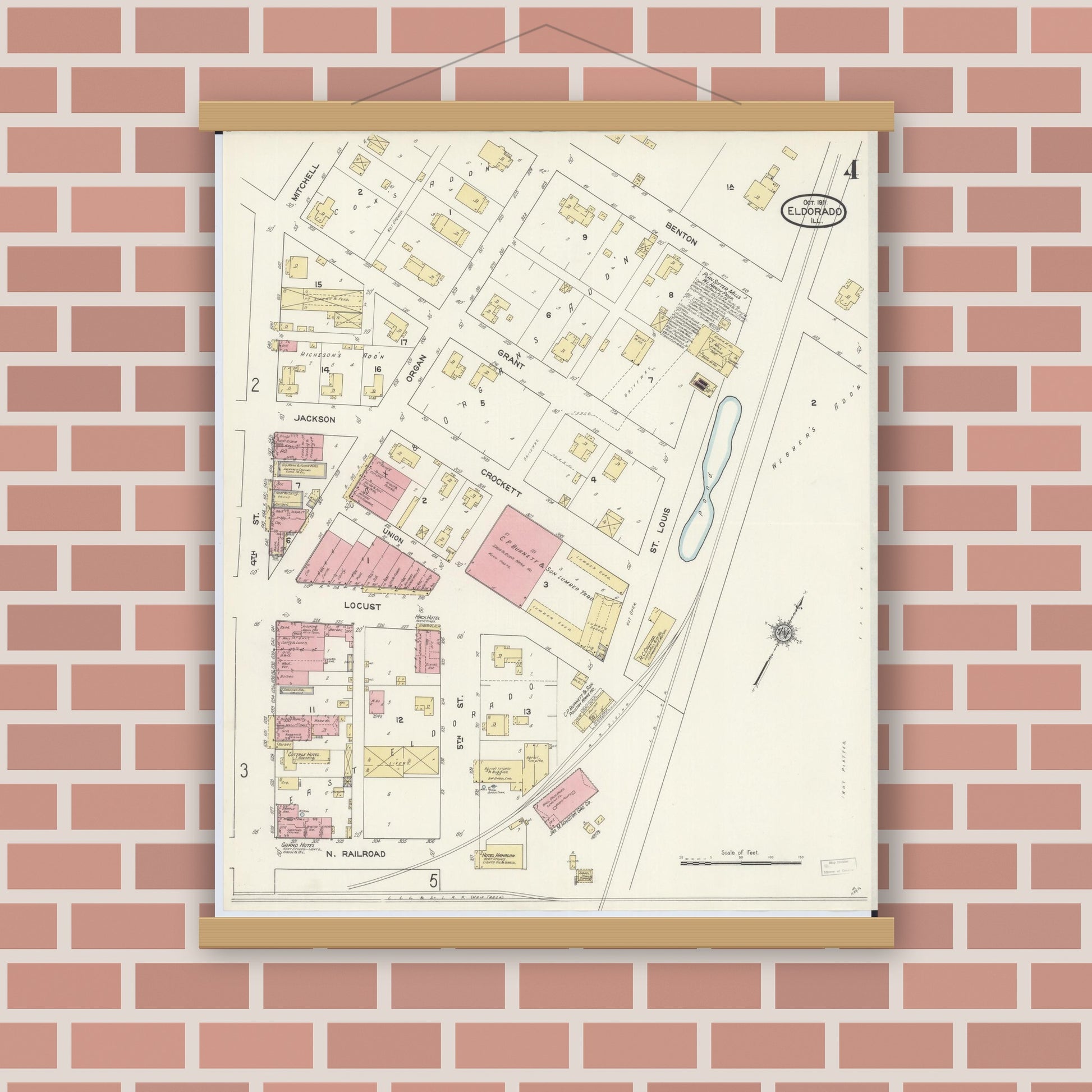 Old map wall art mockup — magnetic wood frame on brick wall — Sanborn Fire Insurance Map from Eldorado, Saline County, Illinois (1911), Sheet #0004