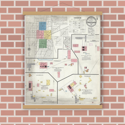 Old map wall art mockup — magnetic wood frame on brick wall — Sanborn Fire Insurance Map from Christopher, Franklin County, Illinois (1916) - Complete Map Set