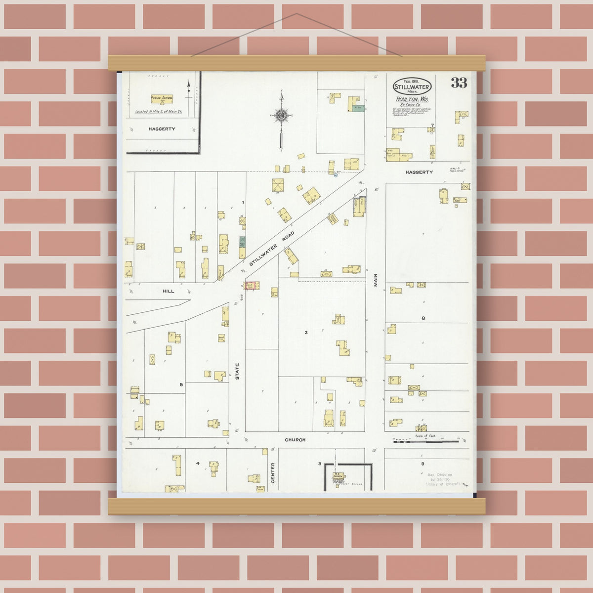 Old map wall art mockup — magnetic wood frame on brick wall — Sanborn Fire Insurance Map from Stillwater, Washington County, Minnesota (1910), Sheet #0033