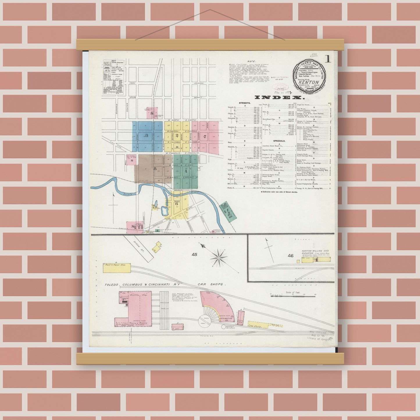 Old map wall art mockup — magnetic wood frame on brick wall — Sanborn Fire Insurance Map from Kenton, Hardin County, Ohio (1892) - Complete Map Set