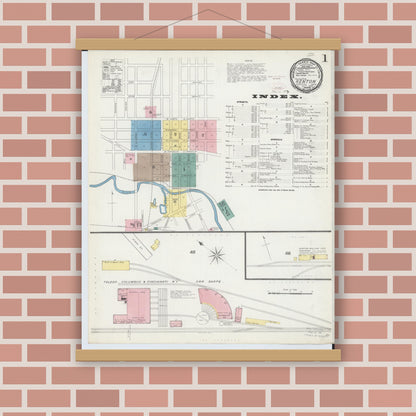 Old map wall art mockup — magnetic wood frame on brick wall — Sanborn Fire Insurance Map from Kenton, Hardin County, Ohio (1892) - Complete Map Set