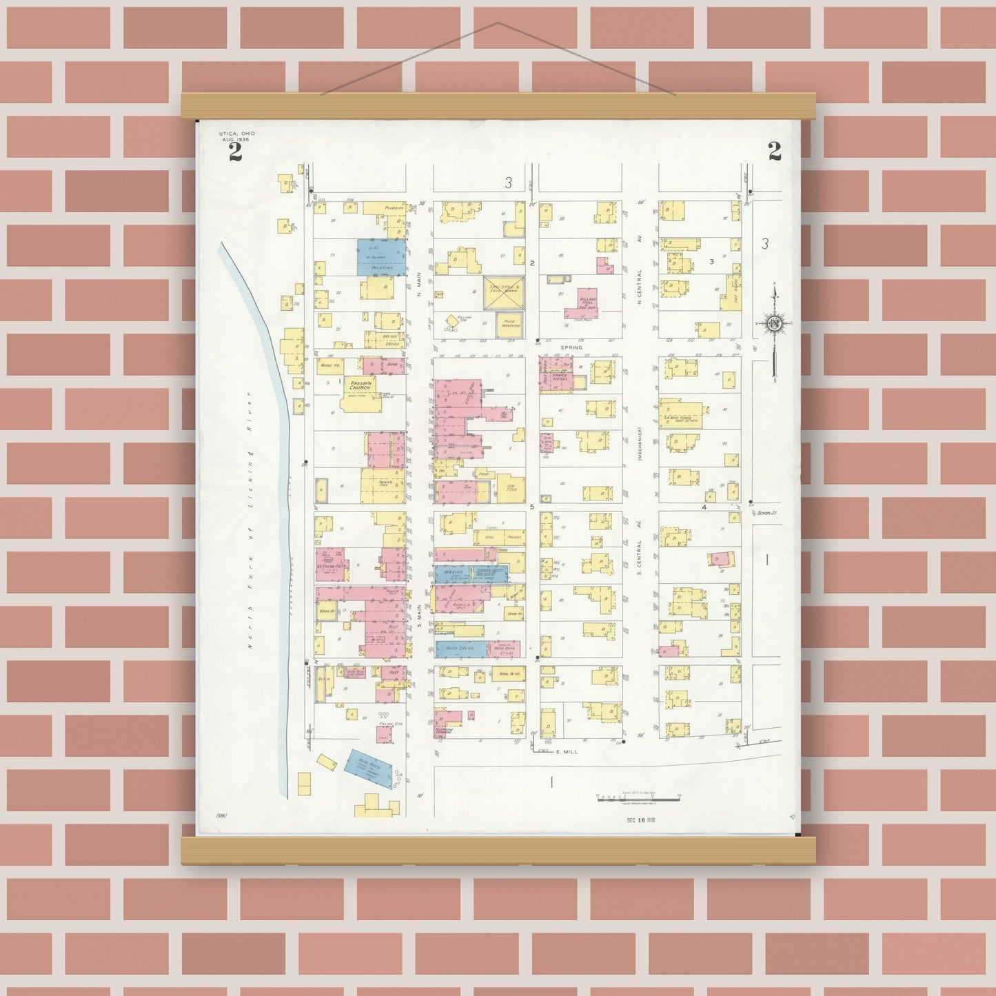 Old map wall art mockup — magnetic wood frame on brick wall — Sanborn Fire Insurance Map from Utica, Licking County, Ohio (1936), Sheet #0002