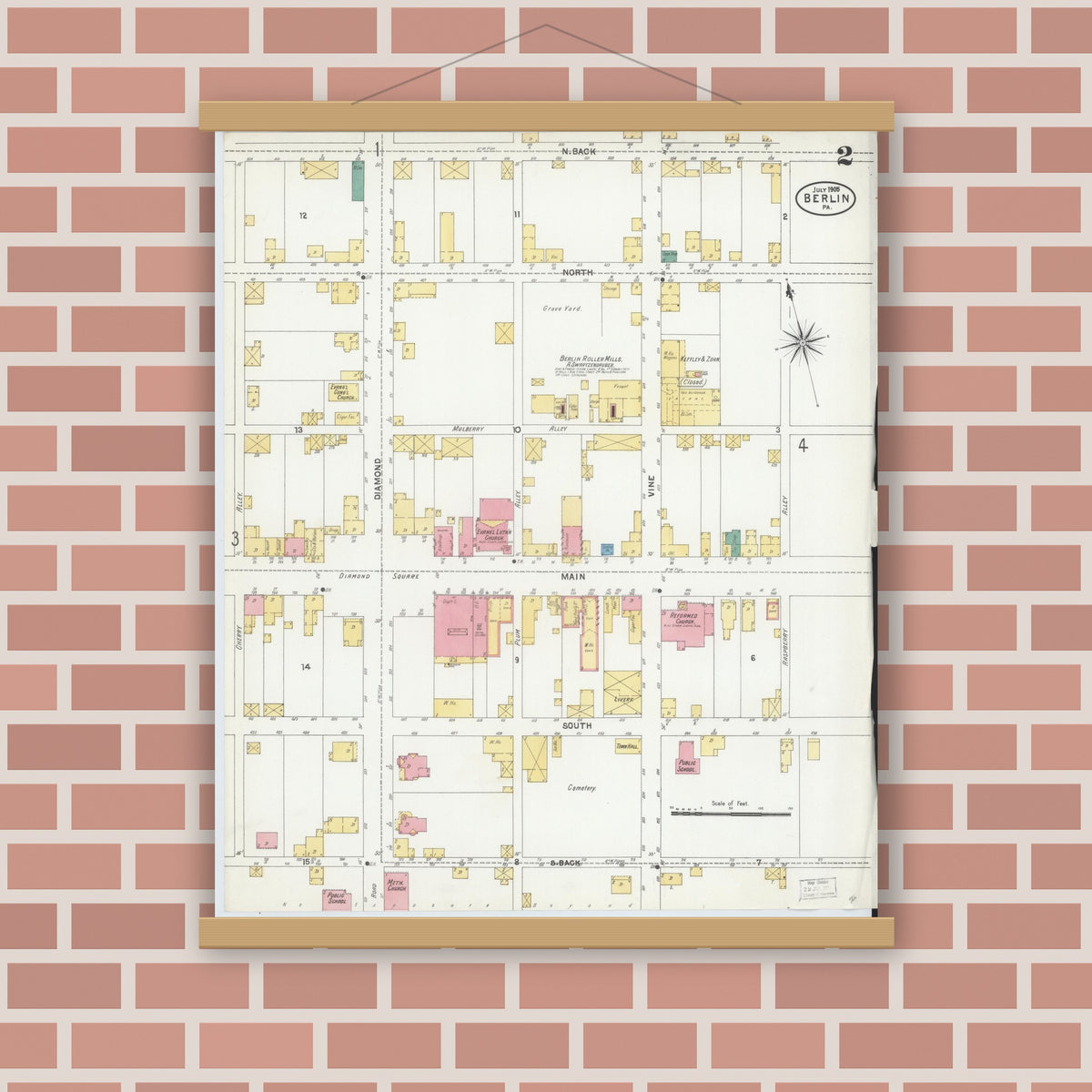 Old map wall art mockup — magnetic wood frame on brick wall — Sanborn Fire Insurance Map from Berlin, Somerset County, Pennsylvania (1905), Sheet #0002