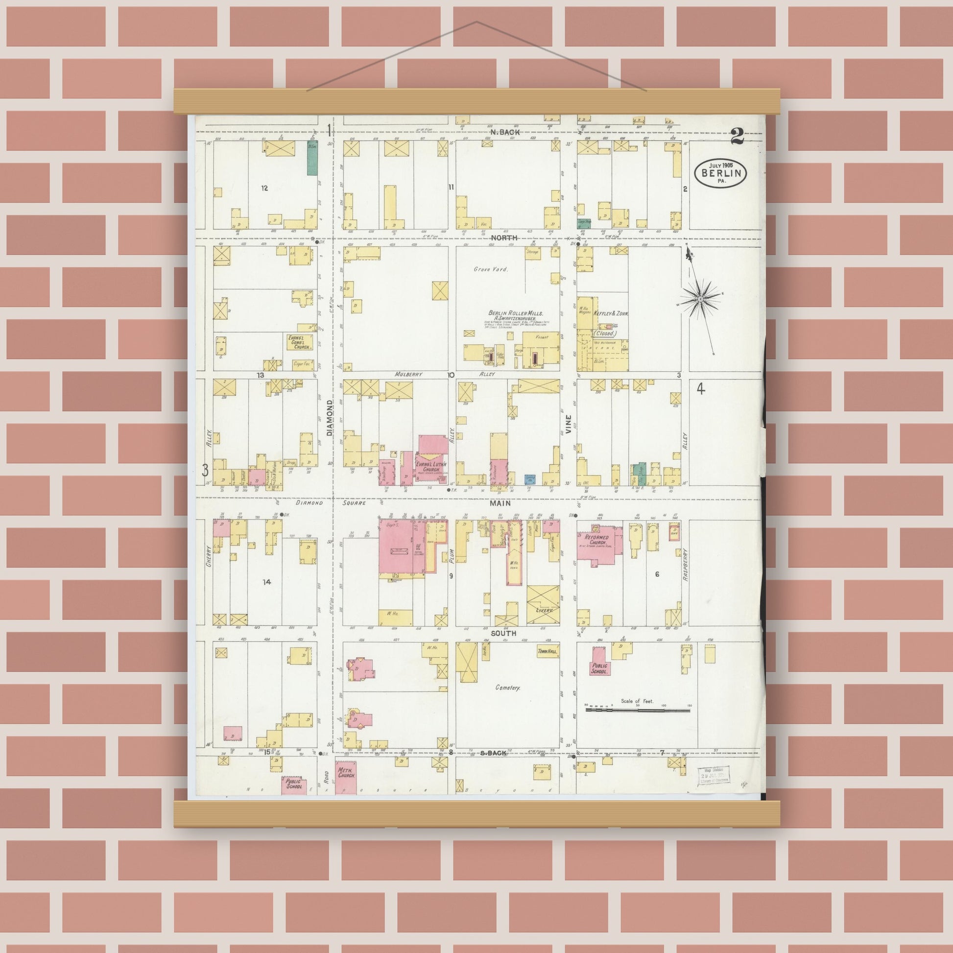 Old map wall art mockup — magnetic wood frame on brick wall — Sanborn Fire Insurance Map from Berlin, Somerset County, Pennsylvania (1905), Sheet #0002