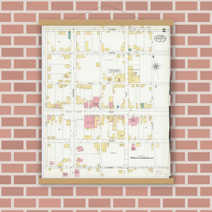 Old map wall art mockup — magnetic wood frame on brick wall — Sanborn Fire Insurance Map from Berlin, Somerset County, Pennsylvania (1905), Sheet #0002