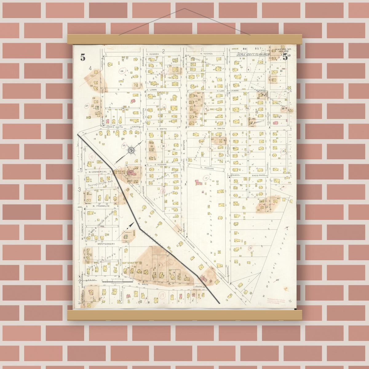 Old map wall art mockup — magnetic wood frame on brick wall — Sanborn Fire Insurance Map from Windsor, Henry County, Missouri (1943), Sheet #0005