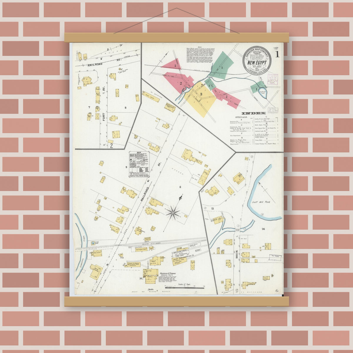 Old map wall art mockup — magnetic wood frame on brick wall — Sanborn Fire Insurance Map from New Egypt, Ocean County, New Jersey (1905) - Complete Map Set