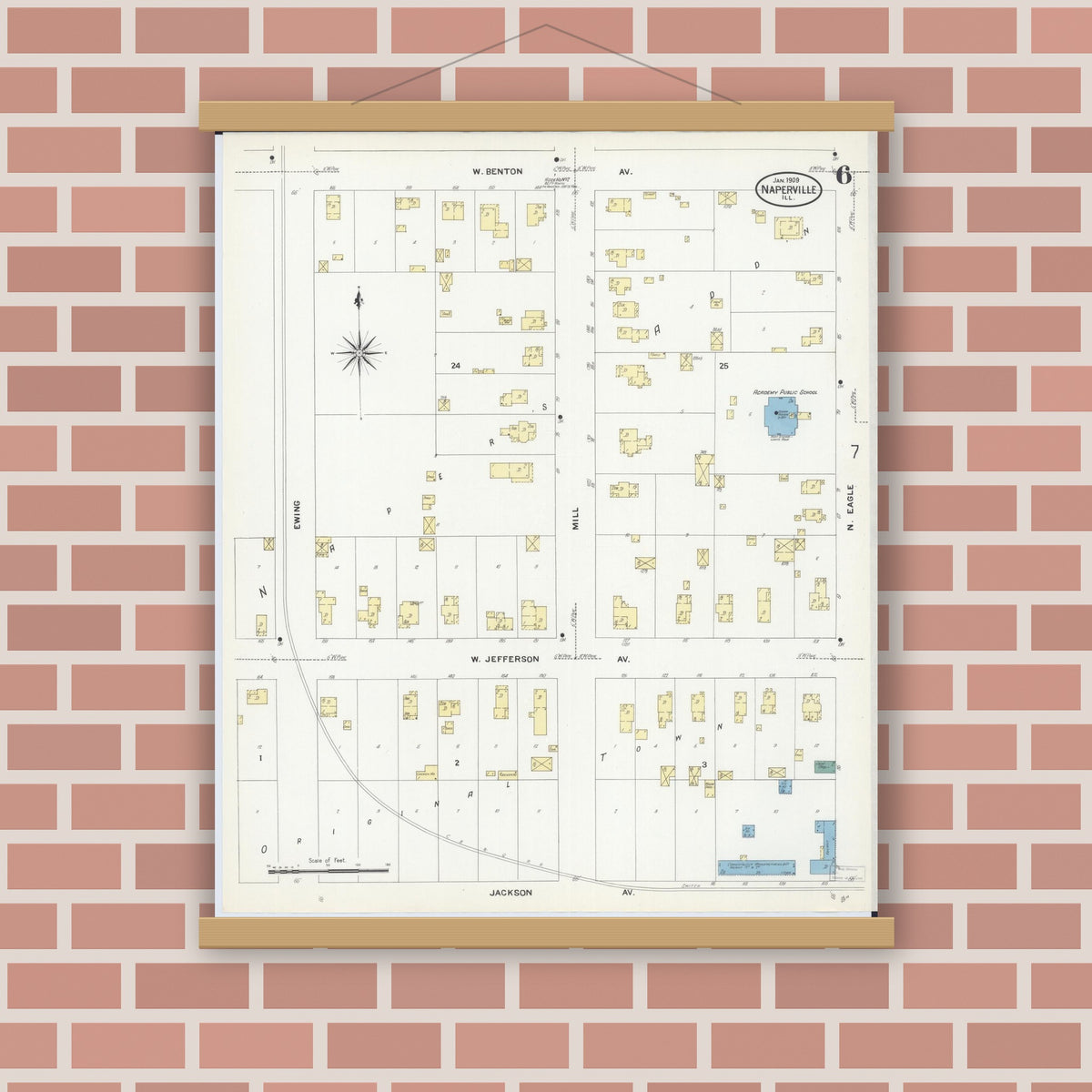 Old map wall art mockup — magnetic wood frame on brick wall — Sanborn Fire Insurance Map from Naperville, Du Page County, Illinois (1909), Sheet #0006