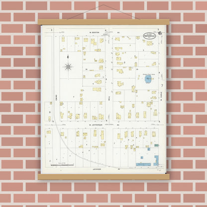 Old map wall art mockup — magnetic wood frame on brick wall — Sanborn Fire Insurance Map from Naperville, Du Page County, Illinois (1909), Sheet #0006