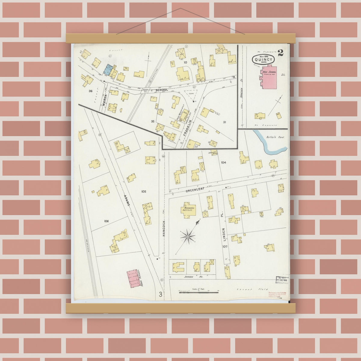 Old map wall art mockup — magnetic wood frame on brick wall — Sanborn Fire Insurance Map from Quincy, Norfolk County, Massachusetts (1896), Sheet #0002