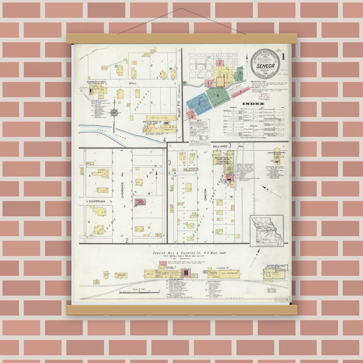 Old map wall art mockup — magnetic wood frame on brick wall — Sanborn Fire Insurance Map from Seneca, Newton County, Missouri (1914) - Complete Map Set