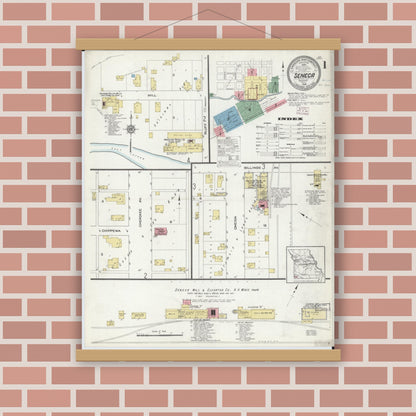 Old map wall art mockup — magnetic wood frame on brick wall — Sanborn Fire Insurance Map from Seneca, Newton County, Missouri (1914) - Complete Map Set