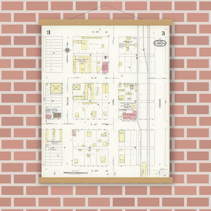 Old map wall art mockup — magnetic wood frame on brick wall — Sanborn Fire Insurance Map from Lamesa, Dawson County, Texas (1925), Sheet #0003