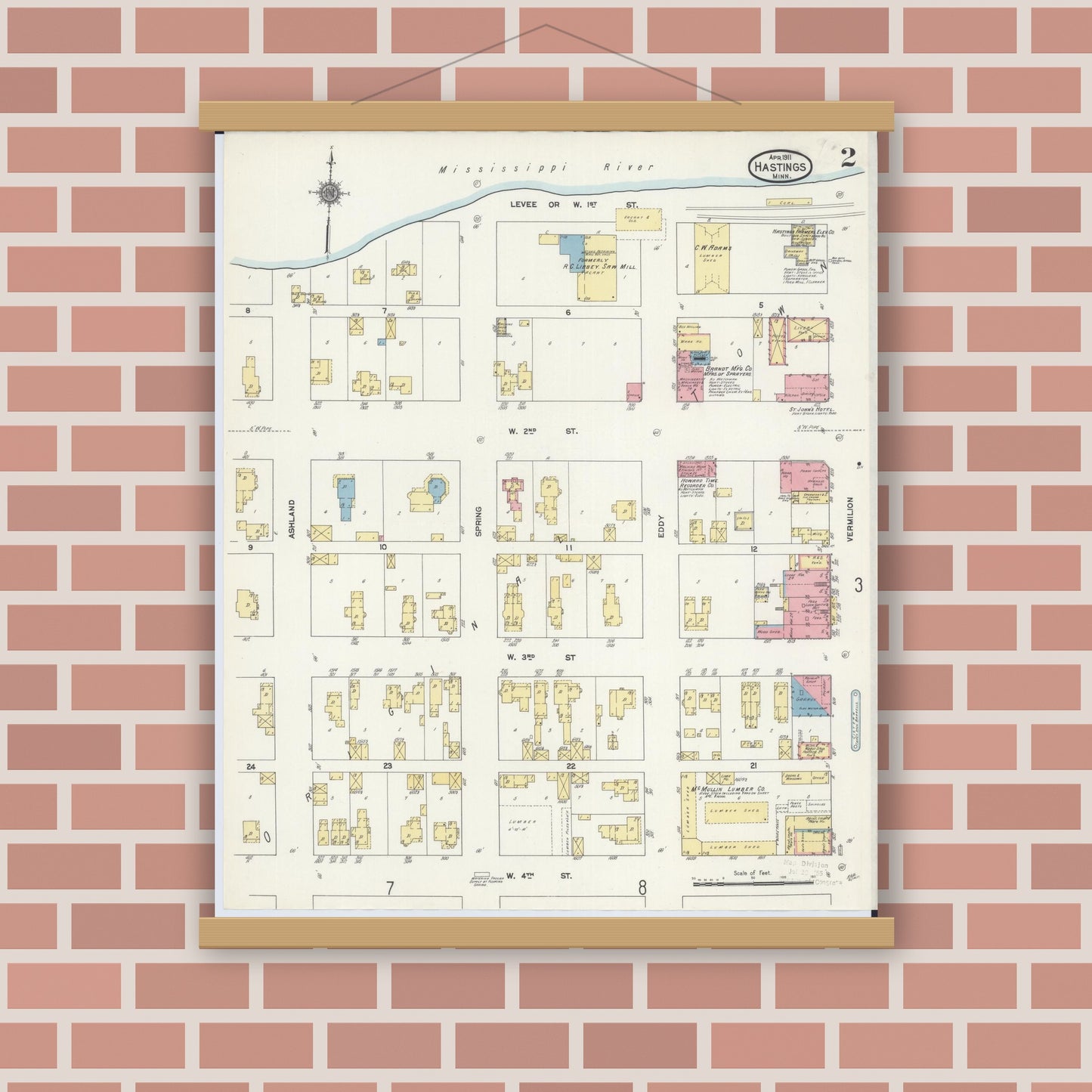 Old map wall art mockup — magnetic wood frame on brick wall — Sanborn Fire Insurance Map from Hastings, Dakota County, Minnesota (1911), Sheet #0002