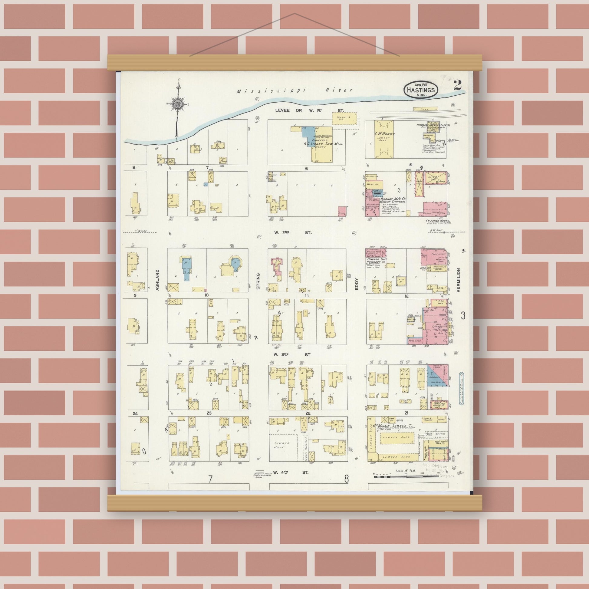 Old map wall art mockup — magnetic wood frame on brick wall — Sanborn Fire Insurance Map from Hastings, Dakota County, Minnesota (1911), Sheet #0002