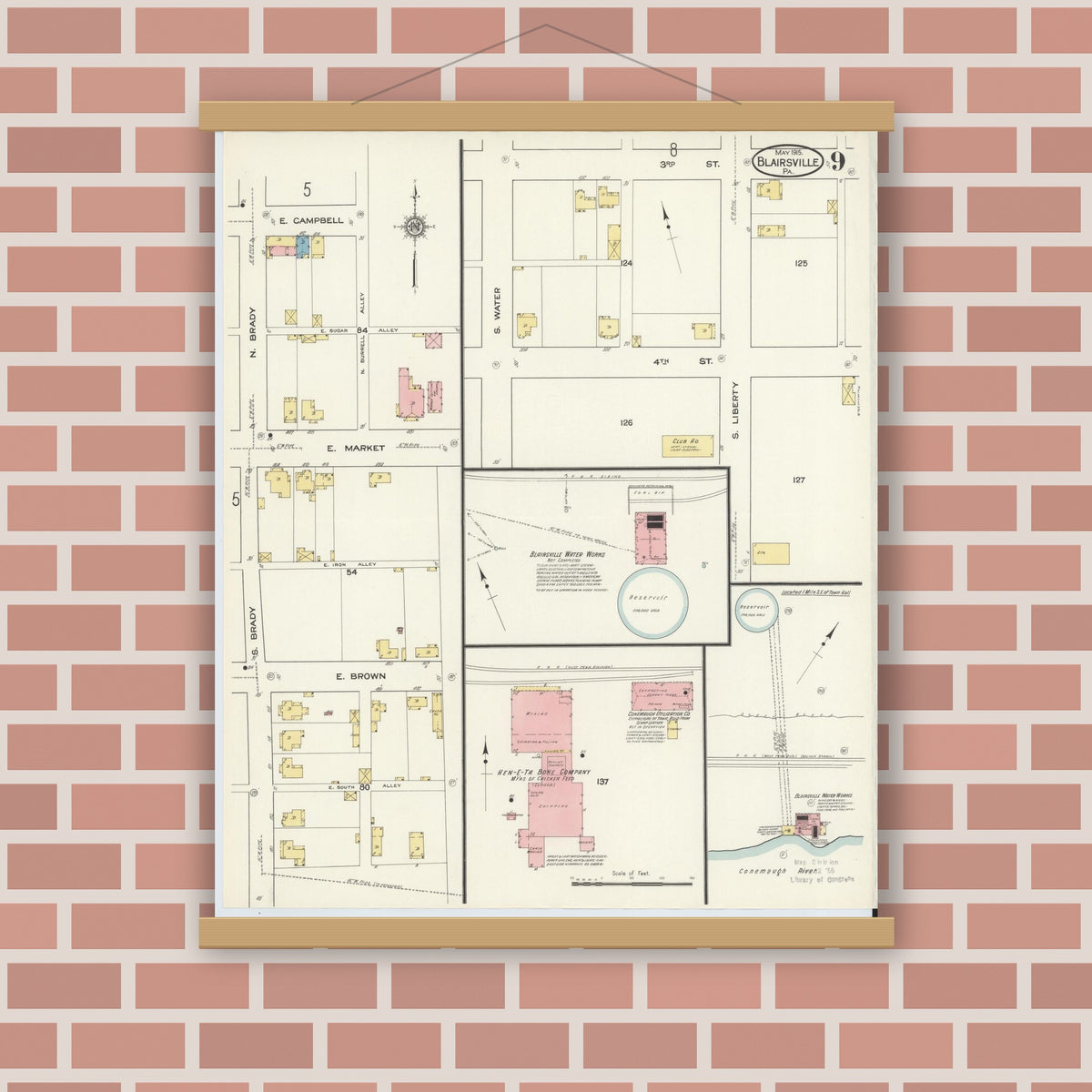 Old map wall art mockup — magnetic wood frame on brick wall — Sanborn Fire Insurance Map from Blairsville, Indiana County, Pennsylvania (1915), Sheet #0009