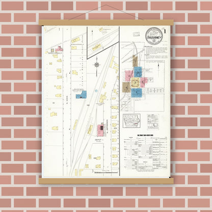 Old map wall art mockup — magnetic wood frame on brick wall — Sanborn Fire Insurance Map from Sigourney, Kiokuk County, Iowa (1916), Sheet #0001