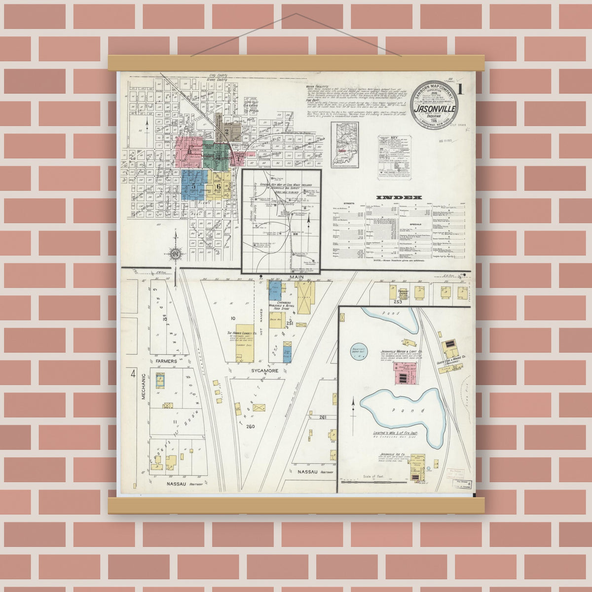 Old map wall art mockup — magnetic wood frame on brick wall — Sanborn Fire Insurance Map from Jasonville, Greene County, Indiana (1915) - Complete Map Set