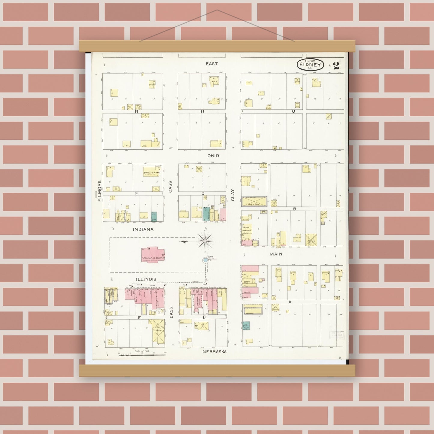 Old map wall art mockup — magnetic wood frame on brick wall — Sanborn Fire Insurance Map from Sidney, Fremont County, Iowa (1893), Sheet #0002