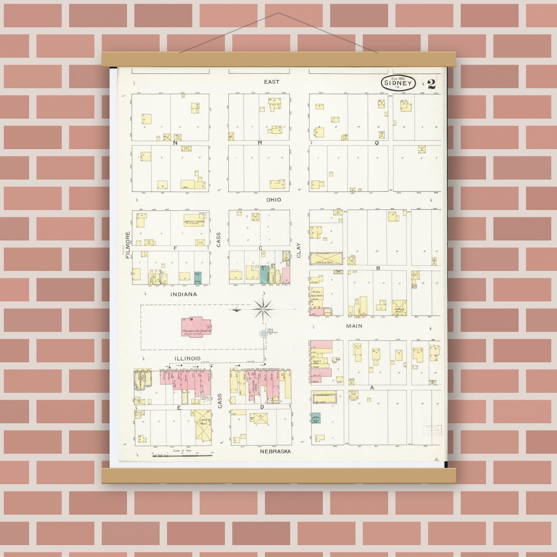 Old map wall art mockup — magnetic wood frame on brick wall — Sanborn Fire Insurance Map from Sidney, Fremont County, Iowa (1893), Sheet #0002