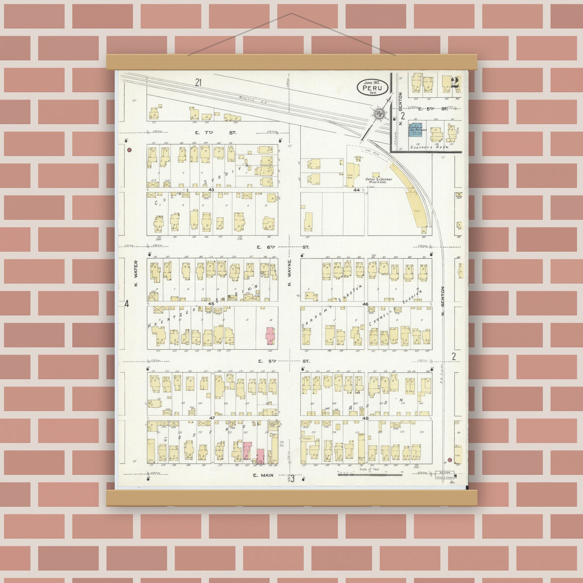 Old map wall art mockup — magnetic wood frame on brick wall — Sanborn Fire Insurance Map from Peru, Miami County, Indiana (1912), Sheet #0002