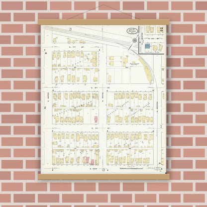 Old map wall art mockup — magnetic wood frame on brick wall — Sanborn Fire Insurance Map from Peru, Miami County, Indiana (1912), Sheet #0002