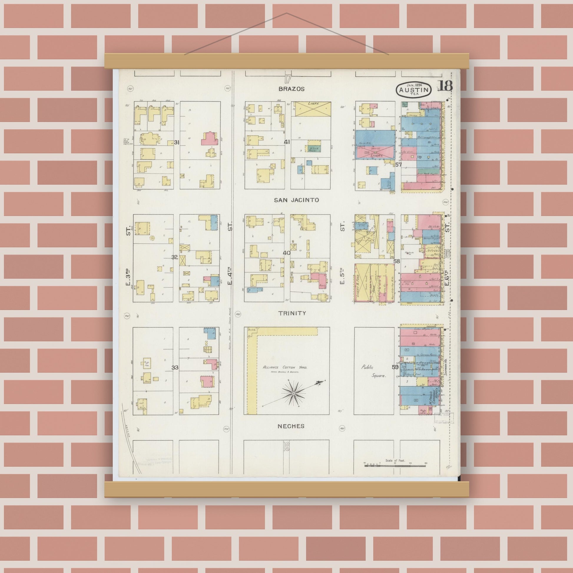 Old map wall art mockup — magnetic wood frame on brick wall — Sanborn Fire Insurance Map from Austin, Travis County, Texas (1894), Sheet #0018