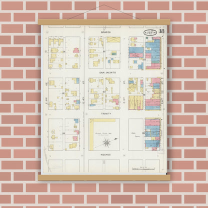 Old map wall art mockup — magnetic wood frame on brick wall — Sanborn Fire Insurance Map from Austin, Travis County, Texas (1894), Sheet #0018