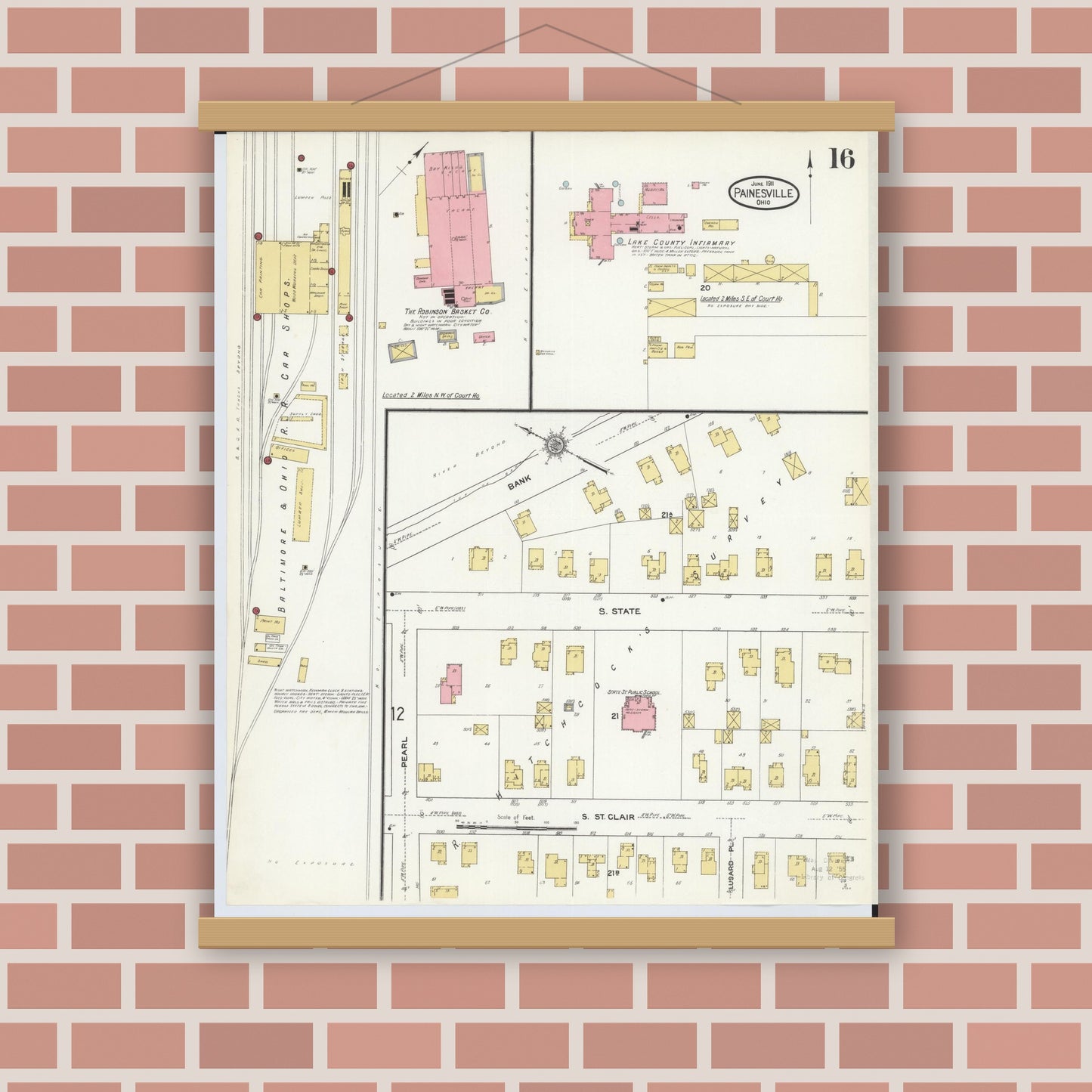 Old map wall art mockup — magnetic wood frame on brick wall — Sanborn Fire Insurance Map from Painesville, Lake County, Ohio (1911), Sheet #0016