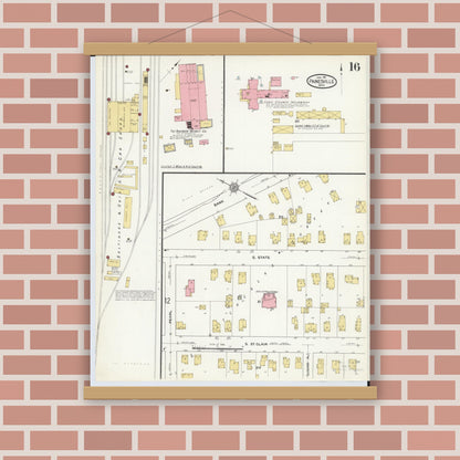 Old map wall art mockup — magnetic wood frame on brick wall — Sanborn Fire Insurance Map from Painesville, Lake County, Ohio (1911), Sheet #0016