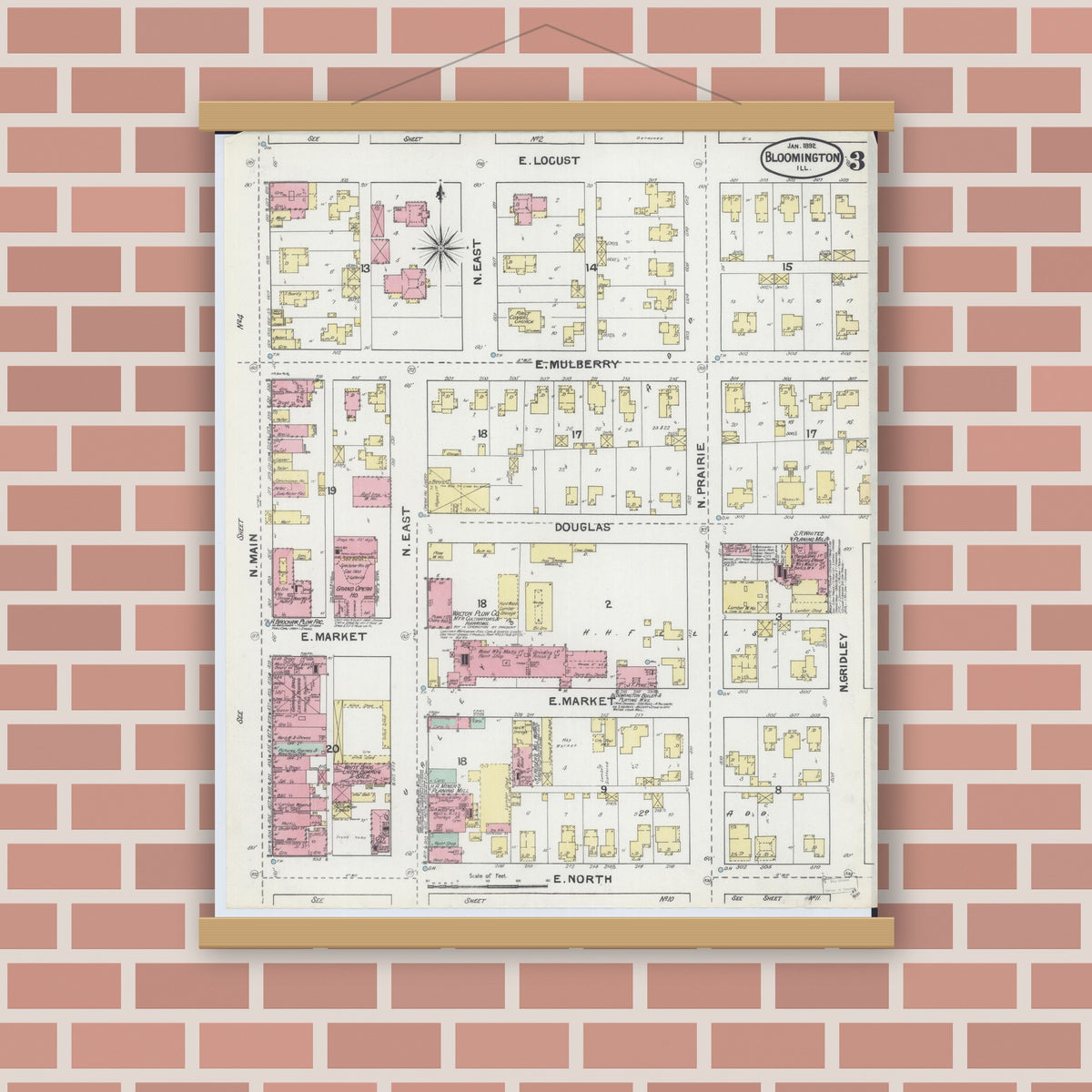 Old map wall art mockup — magnetic wood frame on brick wall — Sanborn Fire Insurance Map from Bloomington, McLean County, Illinois (1892), Sheet #0003