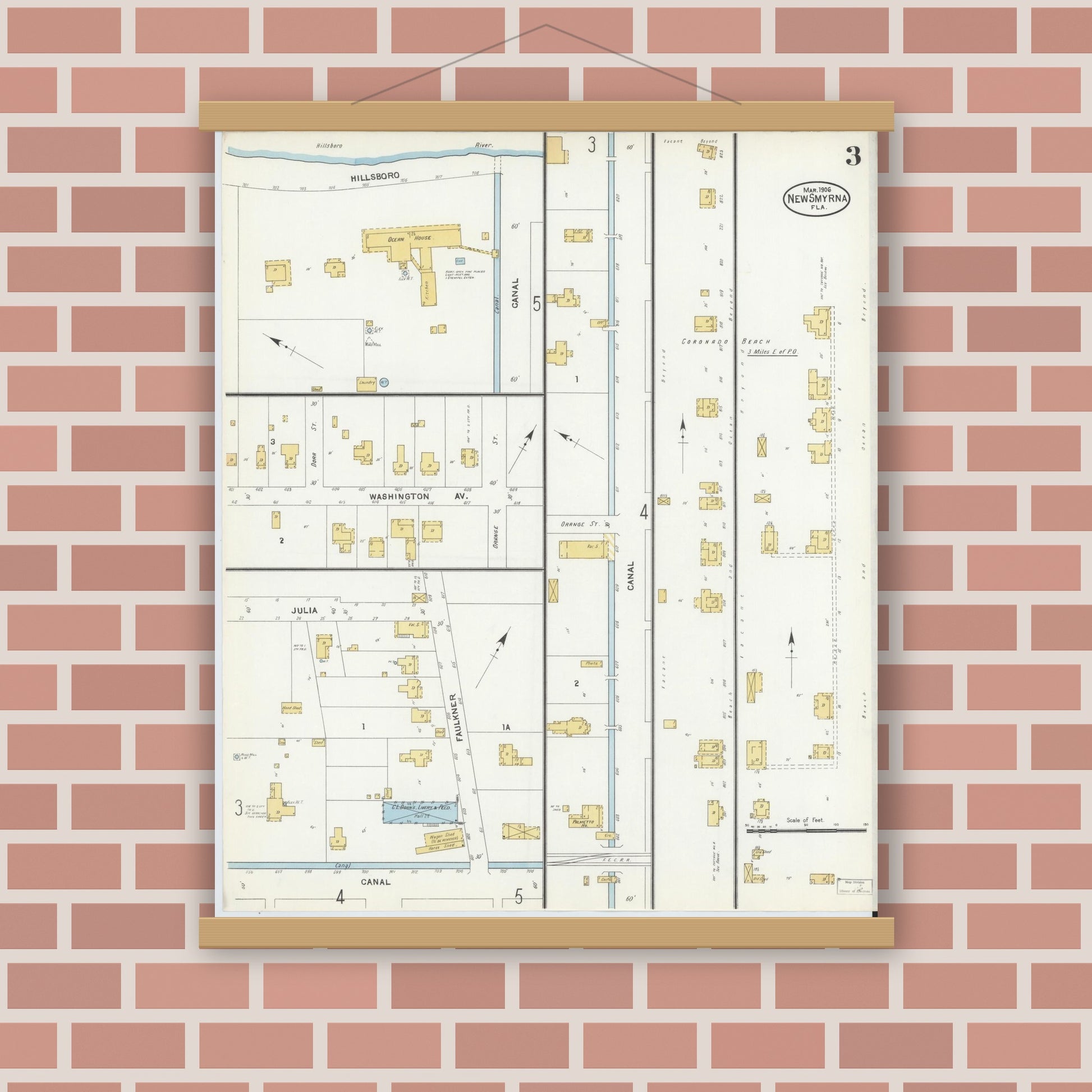 Old map wall art mockup — magnetic wood frame on brick wall — Sanborn Fire Insurance Map from New Smyrna, Valusia County, Florida (1906), Sheet #0003