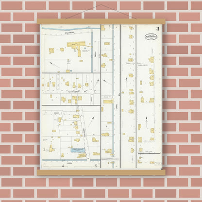Old map wall art mockup — magnetic wood frame on brick wall — Sanborn Fire Insurance Map from New Smyrna, Valusia County, Florida (1906), Sheet #0003