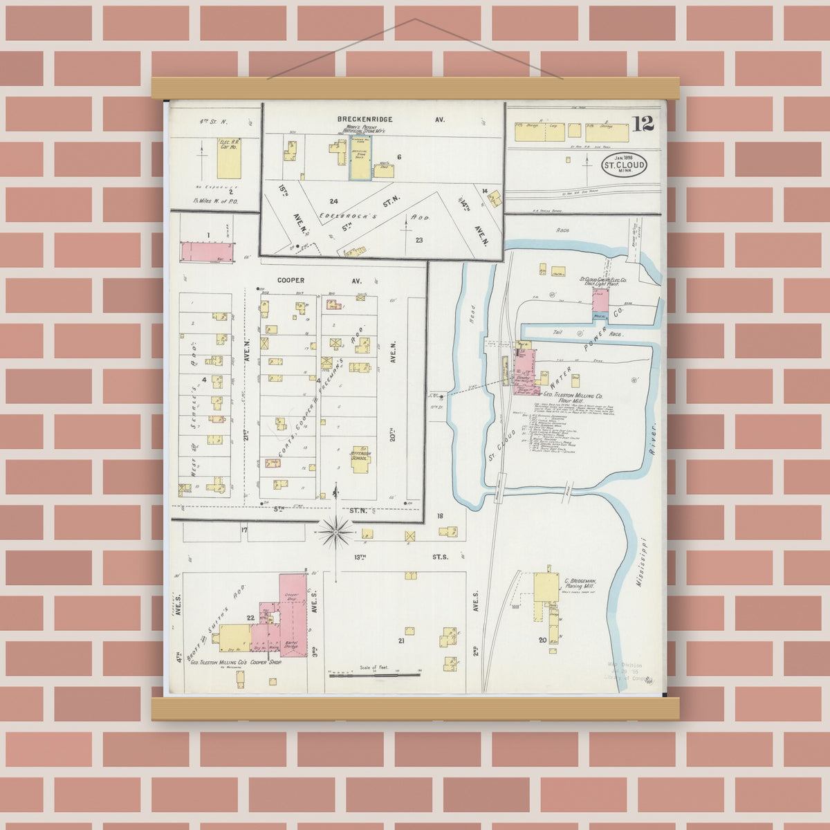 Old map wall art mockup — magnetic wood frame on brick wall — Sanborn Fire Insurance Map from Saint Cloud, Stearns, Benton, and Sherburne Counties, Minnesota (1898), Sheet #0012