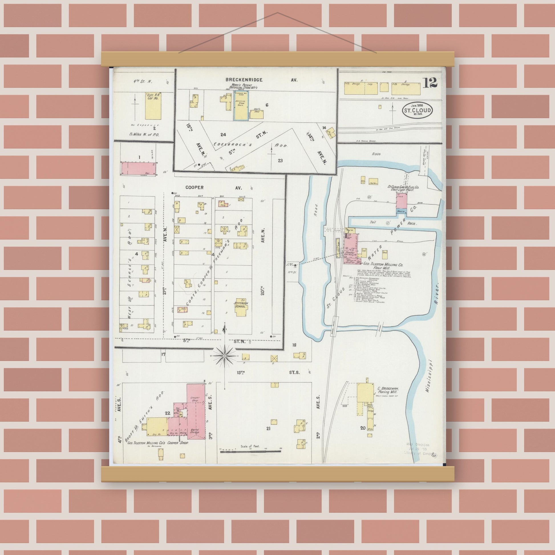 Old map wall art mockup — magnetic wood frame on brick wall — Sanborn Fire Insurance Map from Saint Cloud, Stearns, Benton, and Sherburne Counties, Minnesota (1898), Sheet #0012