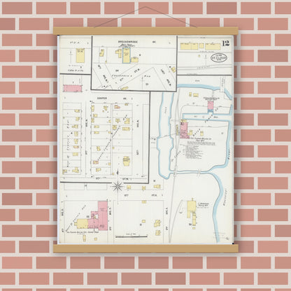 Old map wall art mockup — magnetic wood frame on brick wall — Sanborn Fire Insurance Map from Saint Cloud, Stearns, Benton, and Sherburne Counties, Minnesota (1898), Sheet #0012