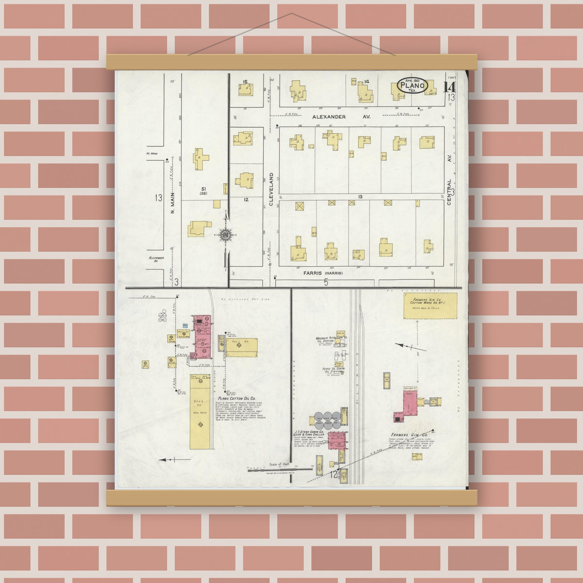 Old map wall art mockup — magnetic wood frame on brick wall — Sanborn Fire Insurance Map from Plano, Collin County, Texas (1921), Sheet #0014