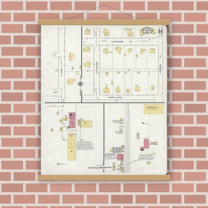 Old map wall art mockup — magnetic wood frame on brick wall — Sanborn Fire Insurance Map from Plano, Collin County, Texas (1921), Sheet #0014
